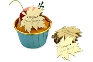 AiQi Bakes 12 Pieces Happy Thanksgiving Mirror Acrylic Cupcake Toppers, Maple Leaf Shape For Mini Cake Decoration Party Supplies (Golden)