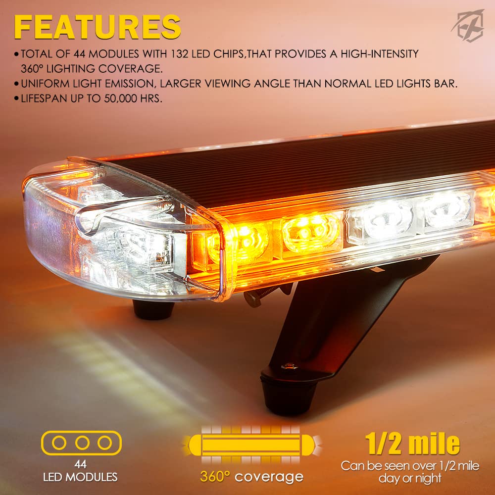 Xprite 48 Inch LED Rooftop Emergency Strobe Warning Lights Bar w/Adjustable Mounting Brackets, for Vehicles, Security, Law Enforcement, Snowplow, Tow Trucks, Crane, Construction Cars - White Amber