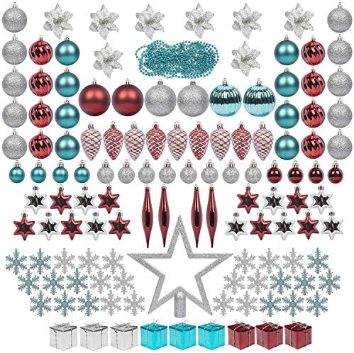 ITART 129ct Christmas Tree Ornaments Decorations Assortment Including Tree Topper Balls Poinsettia Snowflakes Stars Pine Cones Miniature Gift Boxes and Beads Garlands Finial (Burgundy Blue and Silver)