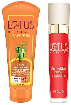 Lotus Herbals Safe Sun 3-In-1 Matte Look Daily Sunblock SPF-40, 50g & Herbals Divine Dew Herbal Sindoor, 21 Love Drop, 8g Combo