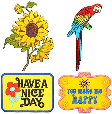 Set of 4 Cute Iron on Embroidered Patches Sunflower, Parrot, Have a Nice Day &amp; You Make Me Happy Bundle Deal Super Saving Pack