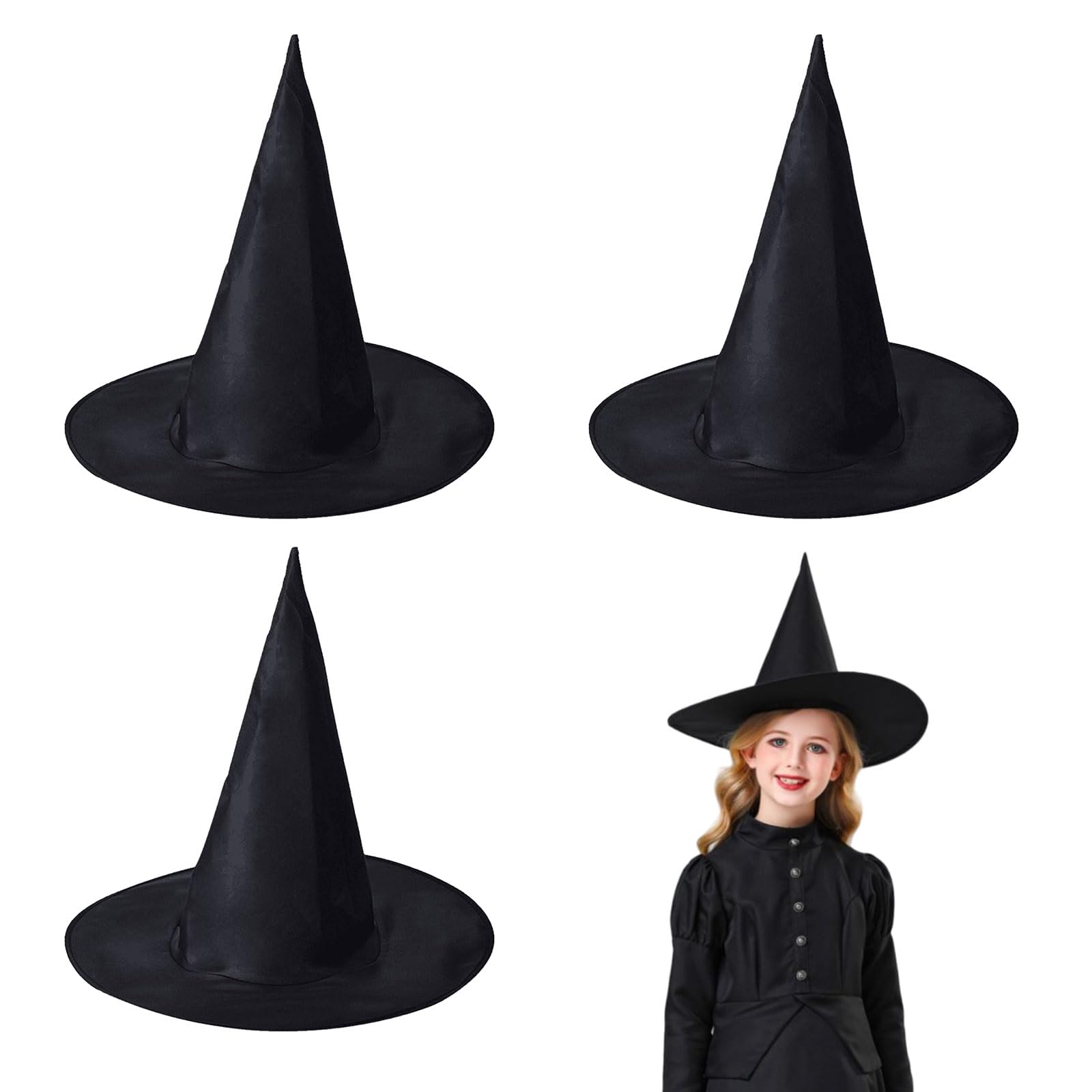 EUPSIIU 3 Pieces Witch Hats Dress Up Hats Black Pointed Wizard Hat Halloween Dress Up Boys And Girls Witch Costume Accessories Witch Outfit Unisex Fancy Dress Carnival Accessories(3 pcs)