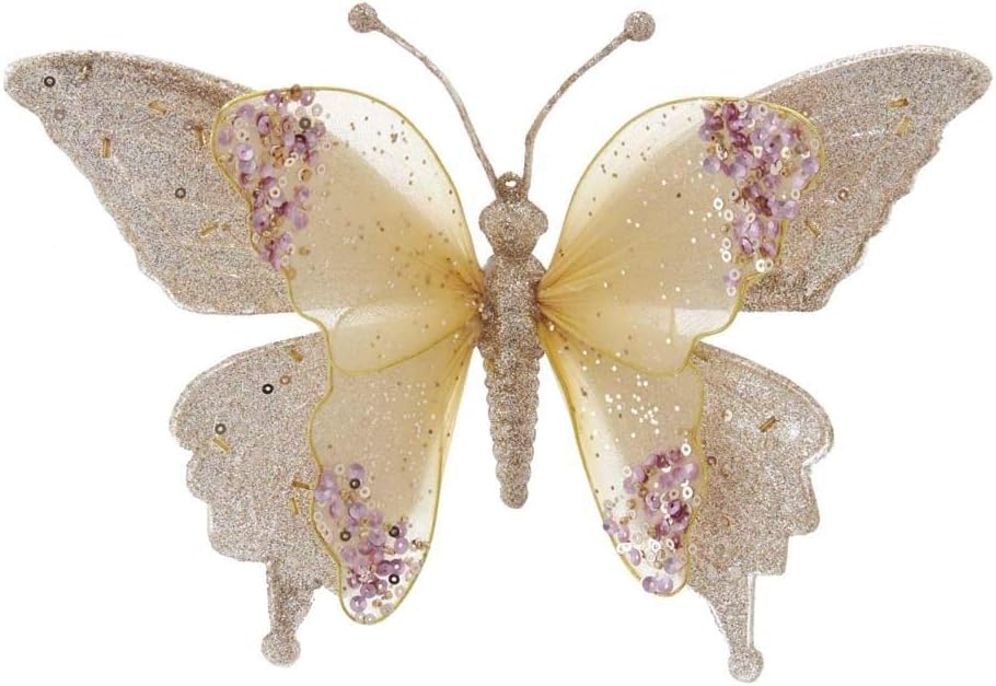 The Bridge Collection Gold & Pink Clip-On Butterfly Ornament - Beautiful Large 6.5" Lace & Sequins Butterfly Christmas Ornament