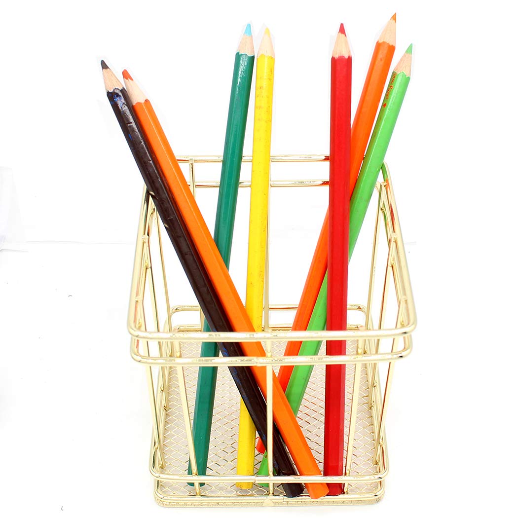 Gullor Square Pencil Holder Metal Desk Organizer Makeup Brush Holder Pencil Cup, Copper, Gold