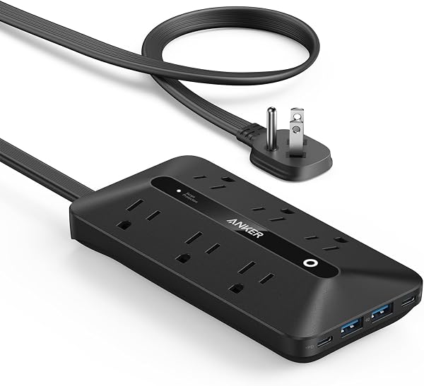 Anker Power Strip with 300J Surge Protector, 5ft Outlet Extender, 20W, 6AC | Flat Plug Extension Cord with Multiple Outlets,