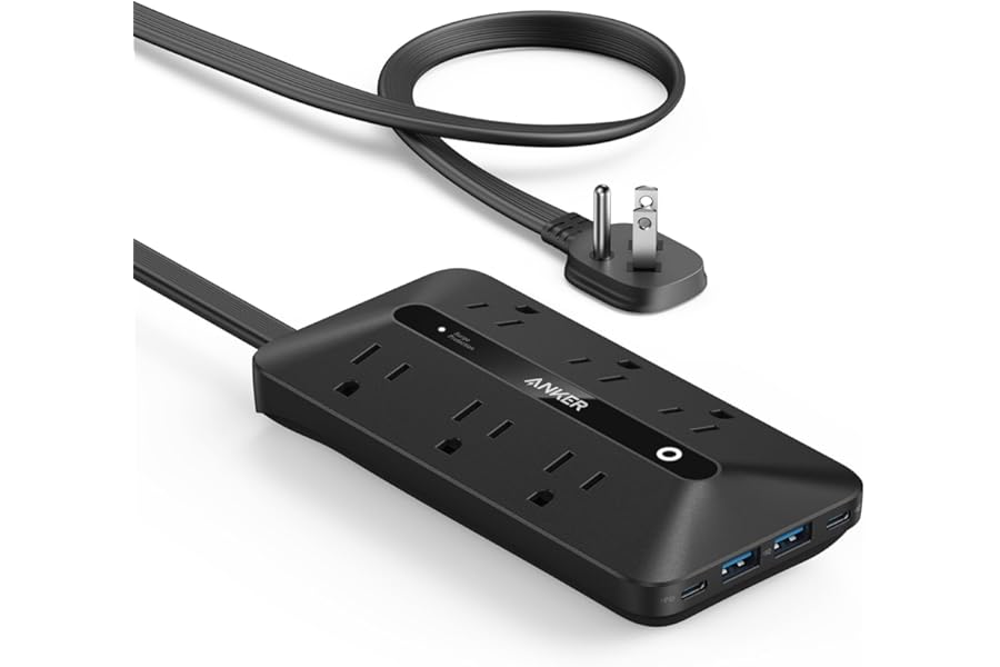 Anker Power Strip with 300J Surge Protector, Flat Plug Extension Cord with Multiple Outlets, 6 AC, 2 USB A & 2 USB C Ports fo