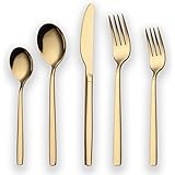 Berglander 20 Piece Titanium Gold Plated Stainless Steel Flatware Set, 20 Pieces Golden Silverware Set, Golden Cutlery Set, S