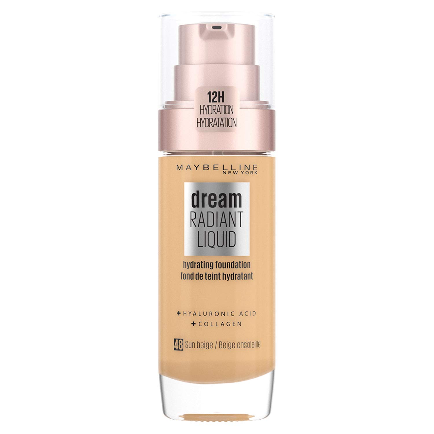 Maybelline Foundation, Dream Radiant Liquid Hydrating Foundation with Hyaluronic Acid and Collagen - Lightweight, Medium Coverage Up to 12 Hour Hydration, 48 Sun Beige