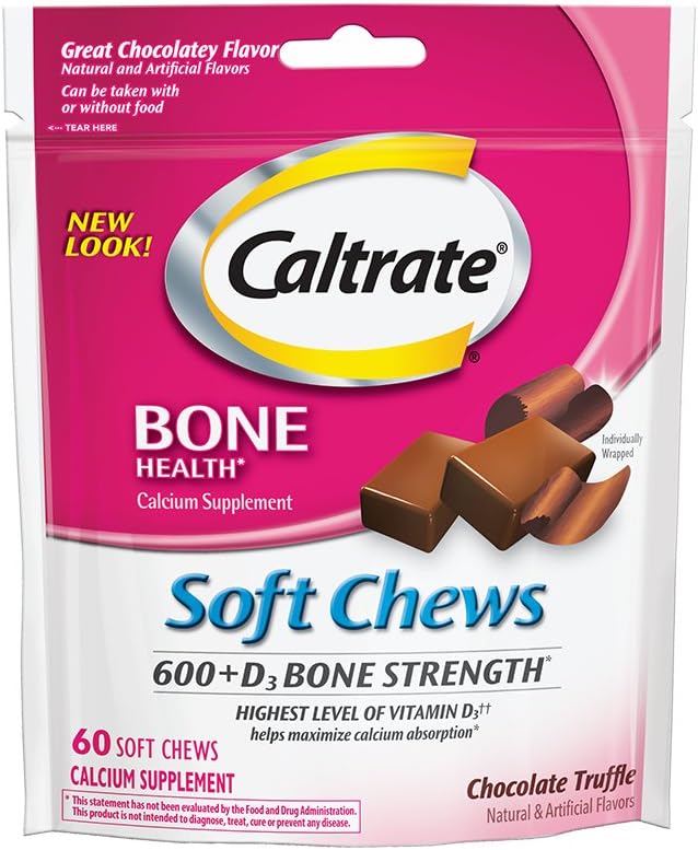 Caltrate 600+D3 Soft Chews (Chocolate Truffle Flavor, 60-Count Soft Chews) Calcium and Vitamin D3 Chewable Supplement, 600mg: Health & Personal Care