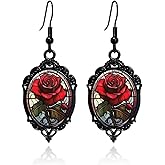 Gothic Rose Cameo Earrings Vintage Crystal Flower Drop Earring Dark Punk Style Victorian Mystic Jewelry Women Red Dangle