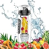 amzdeal Fruit Infuser Water Bottle - 1L / 32 Oz Sports Water Bottle BPA Free with Infusion Rod and Freezer Ice Ball Leak Proof and Non-Slip Design for Outdoor School Office - Black