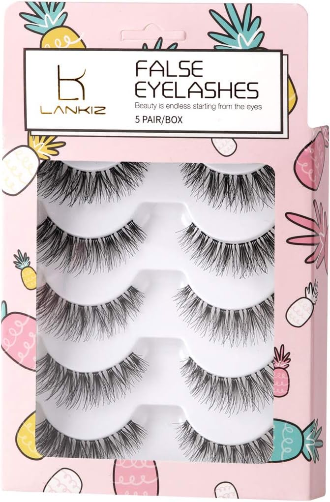 LANKIZ False Eyelashes Natural Look 3D False Eyelashes Faux Thick Fluffy Soft Handmade Reusable Strip Lashes For Women Makeup Fake Lashes 5 Pairs Pack