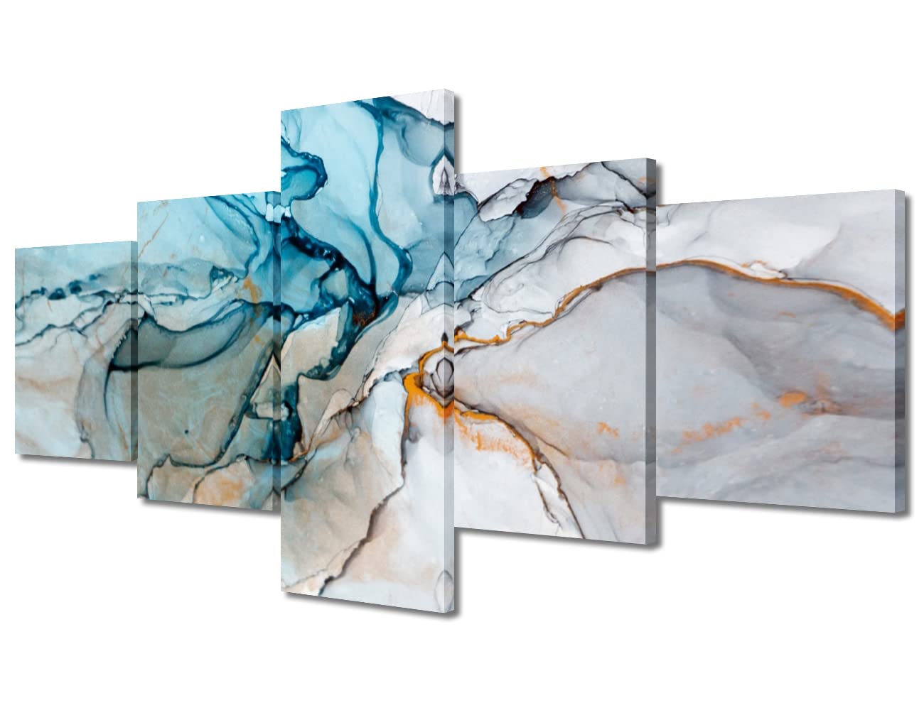 TISHIRON 5 Pieces Canvas Wall Art eal Blue Grey Modern Abstract Artwork Painting Wall Art Home Decorations Colorful Turquoise Décor for Living Room Framed Stretched Ready to Hang(50" Wx24 H)
