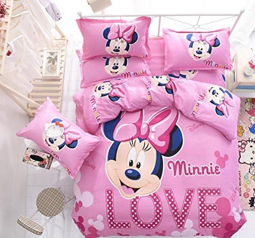 Soft Cartoon Printing 4pc Duvet Cover Set Disney Mickey Minnie Bed Sheet Polyester Bedding Set Comforter Cover+Flat Sheet+Pillowcase