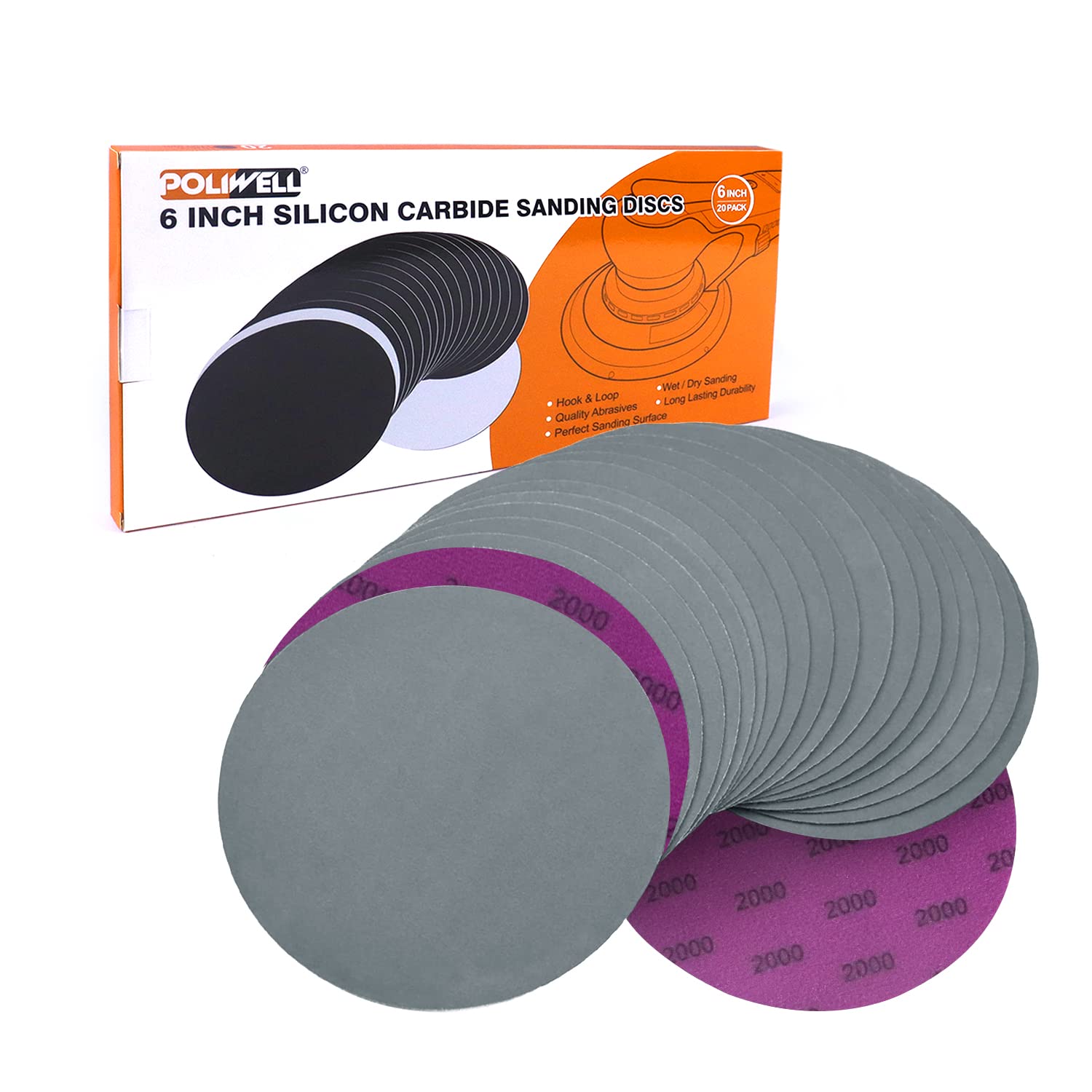 6 Inch (150mm) 2000 Grit High Performance Waterproof Hook & Loop Sanding Discs Heavy Duty Silicon Carbide Round Flocking Sandpaper for Wet/Dry Sanding Grinder Polishing Accessories, 20-Pack