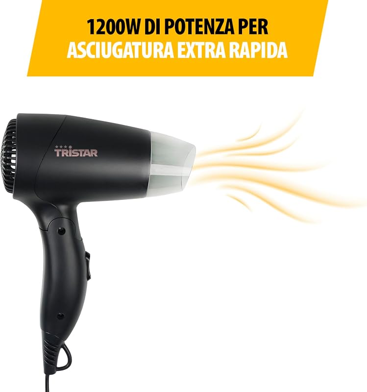 Asciugacapelli da viaggio - Impugnatura pieghevole - Dimensioni compatte - Potente 1200 Watt - Nero - HD-2460