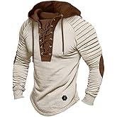 ShallWe Men's Henley Shirt Hooded Long Sleeve Lace Up Vintage Solid Casual T-Shirt Tactical Patchwork Western Tee Sports Beige, Medium