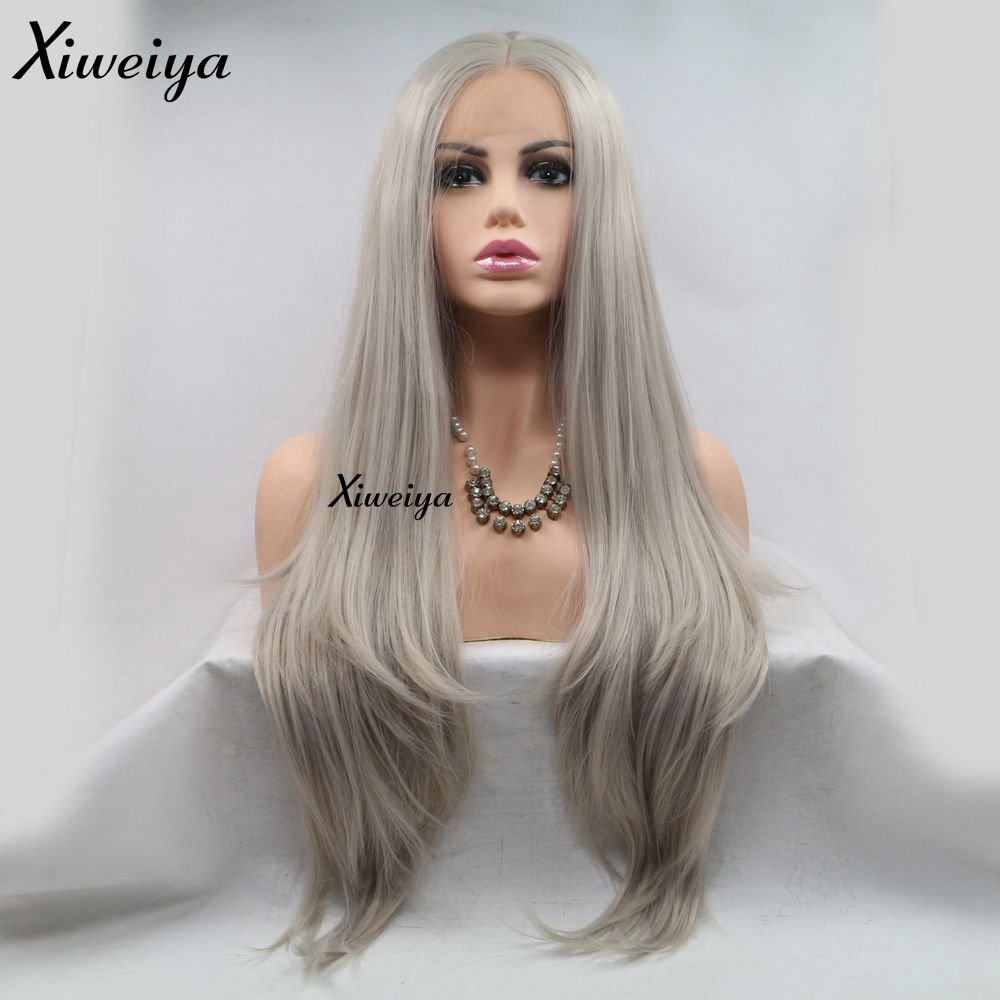 Xiweiya Silver Grey Natural Straight Hair Lace Front Wig Platinum Blonde Synthetic Wigs Heat Resistant Glueless Wig Cosplay Hand Tied 24 Inch โ image 1