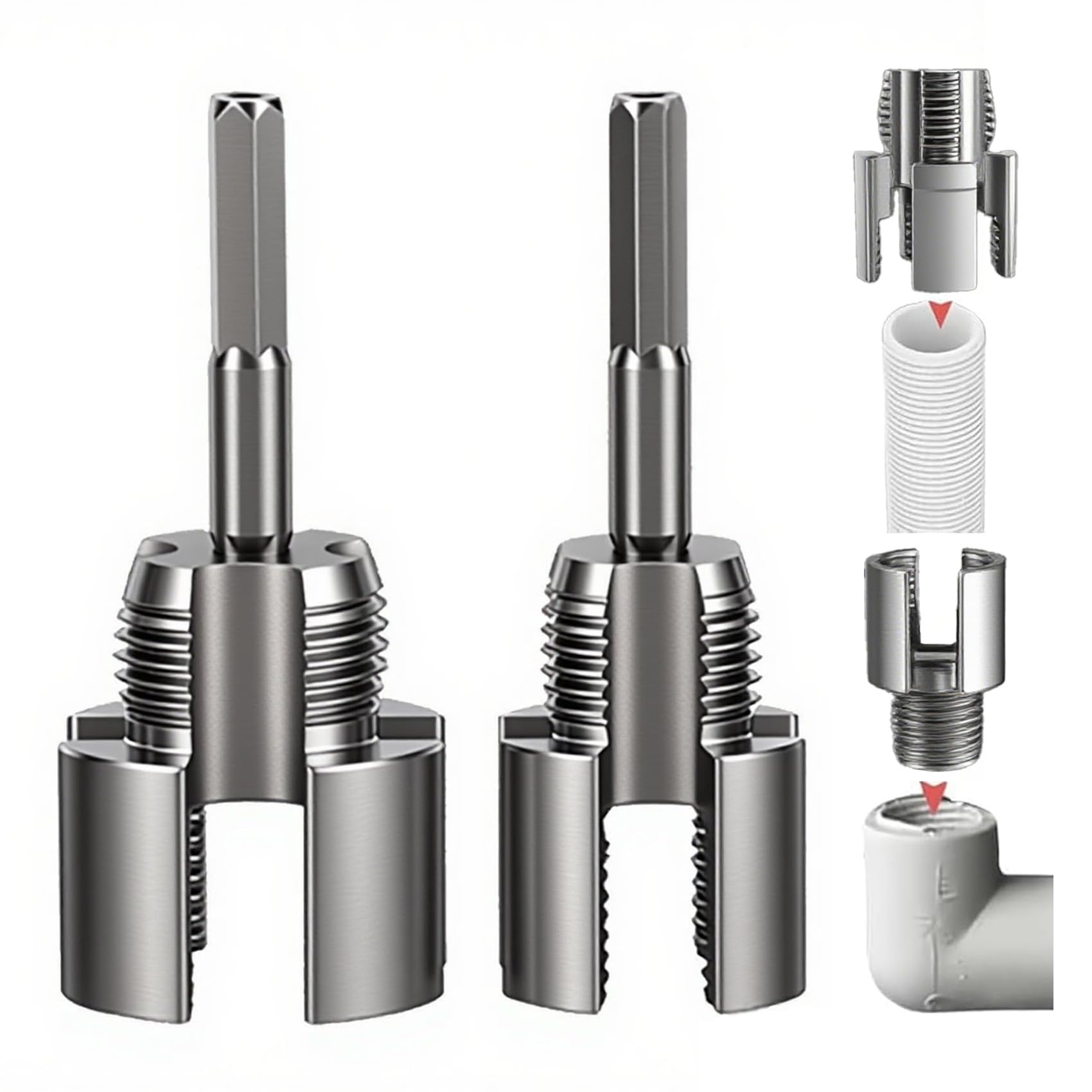 Photo 1 of 2pcs Pvc  Threader with 1/2" & 3/4" Dies | Internal/External Cutting | Integrated Internal & External Pipe Threading Tool | Electric Drill Compatible for DIY