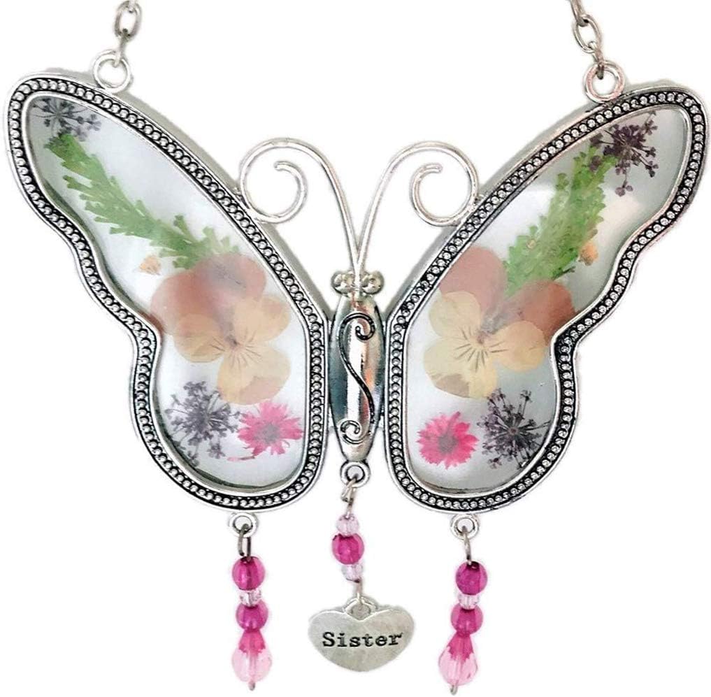 Sister Butterfly Suncatchers with Real Pressed Flower in Glass and Silver Metal Wings - Sister Butterfly Gifts