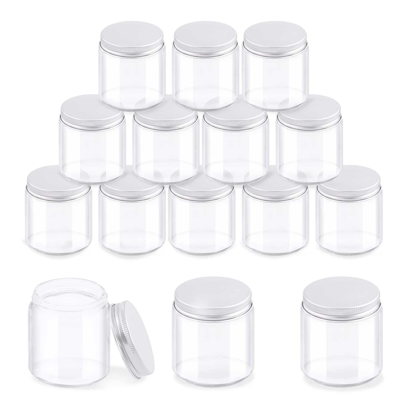 Glarks 12 Pack 4oz Glass Jars with Lids, Round Clear Glass Jars with Inner Liner and Silver Lids for Storing Creams, Beauty Products, Cosmetic and Ointments