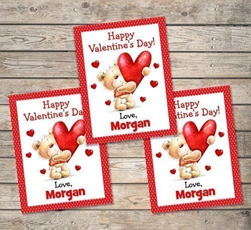 Kids Valentine Cards, Personalized Valentine Cards, Valentine's Day Bear and Hearts Cards, Custom Valentines Cards (Set), Classroom Exchange Cards with Envelopes