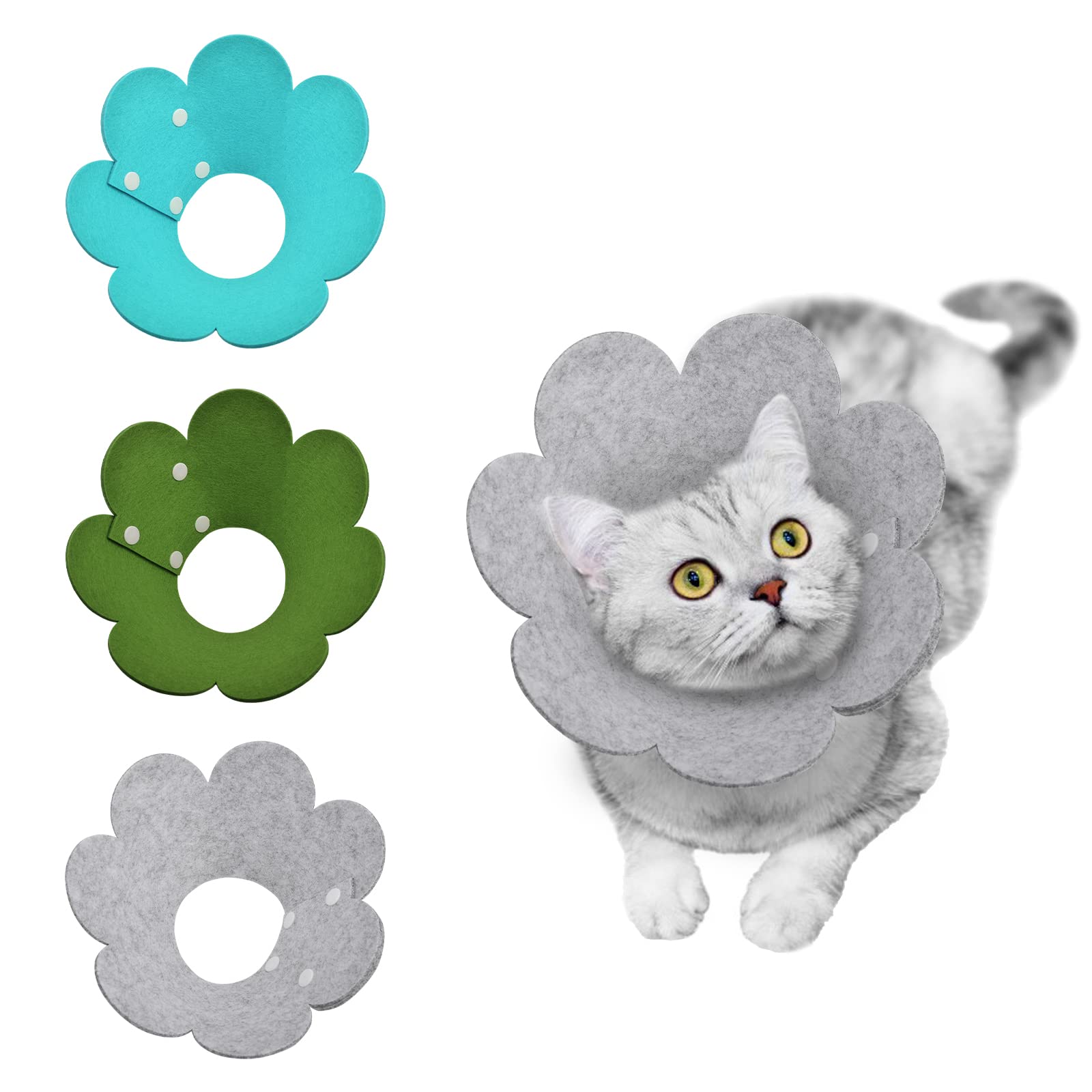 HACRAHO Cat Recovery Collar, 3 PCS Adjustable Flower Cat Cone Collar Soft Pet Cone Recovery Collar with Sun Flower Shape for Cats Kitten Puppies, Blue-Green, Olive Green and Gray