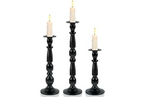 KEHAIL Black Metal Candlesticks Set of 3, Pillar Taper Candle Holders, Metal Centerpiece Tall Candlesticks Set Candle Holders for Wedding Table Centerpieces, Living Room, Dining Room, Fireplace
