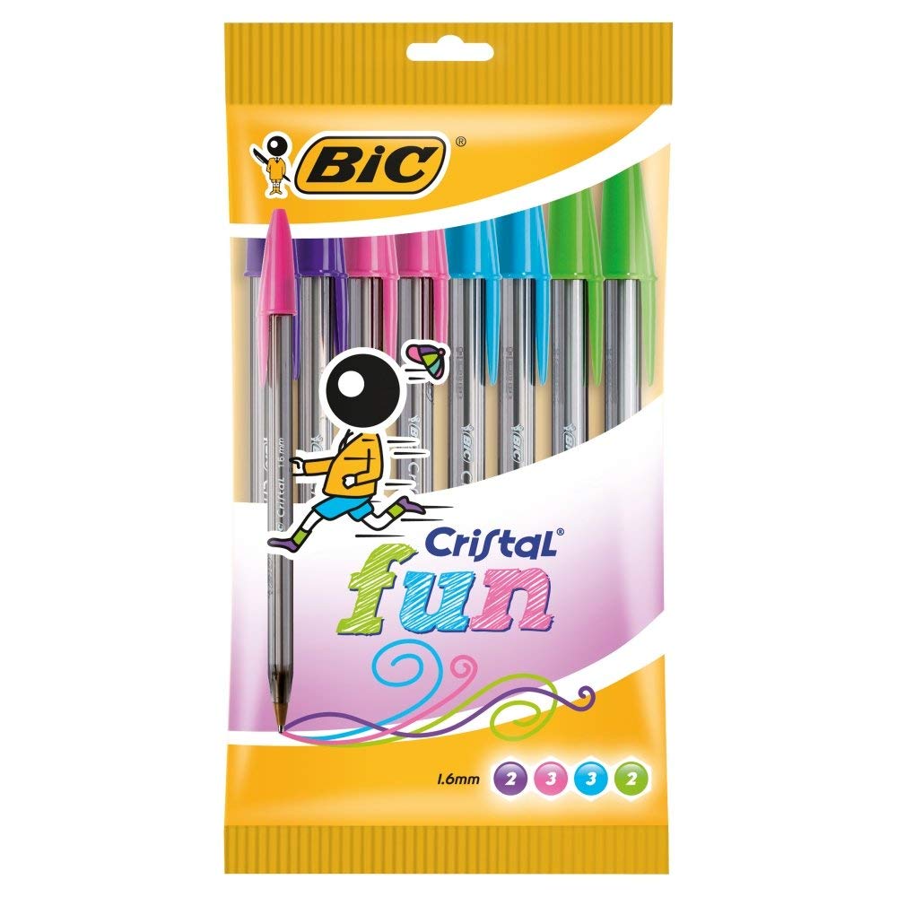Photo 1 of Bic Cristal Fun Ballpoint Pens with 5 Assorted Ink Colours, Wide Point (1.6 mm), Pack of 10