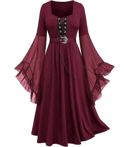 Halloween Costumes Gothic Dresses for Women Plus Size Witch Costume Off Shoulder Lace Sleeve Steampunk Dress Black L : Sports & Outdoors
