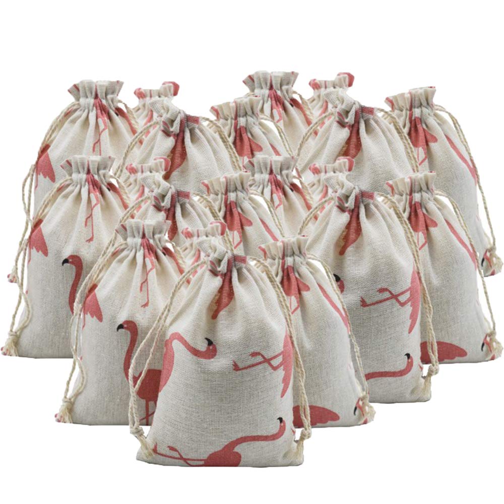 20 Pieces Burlap Bags, Flamingo Print Linen Drawstring Pouches, Mini Gift Bags Storage Bags Candy Gift Pouches, for Wedding, Shower, Birthday, Christmas Party Favors, DIY Craft, 13x18cm