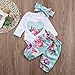Newborn Baby Girls Floral Heart Peach Print Romper Long Pants With Bowknot Headband Outfit Set (0-6 Months), Blue