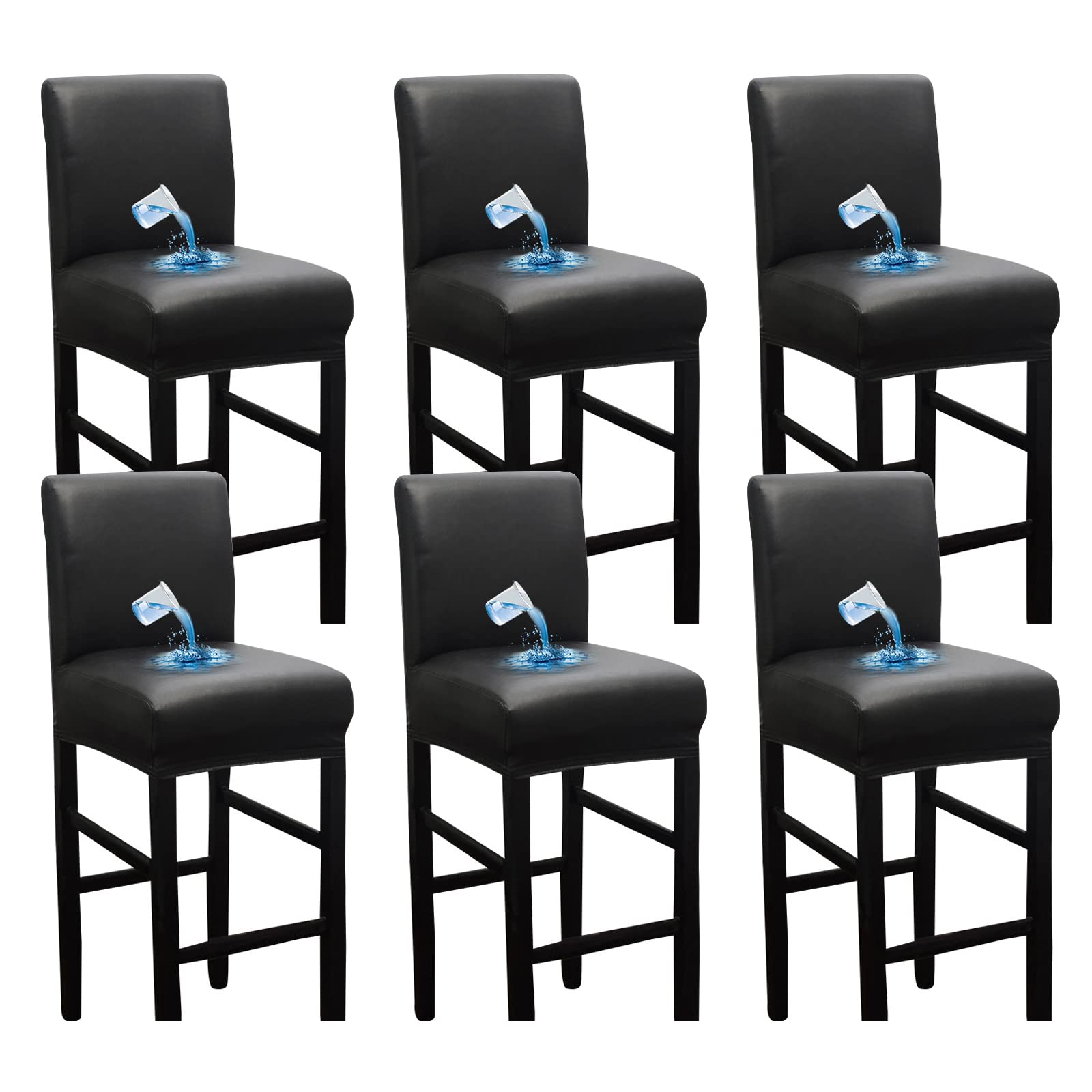 Bestenrose Waterproof Bar Stool Chair Covers Set of 6 PU Leather Dining Chair Cover for Home Kitchen Removable Chair Seat Cover Slipcover with Backs Protector Chair Cover (6, Black)