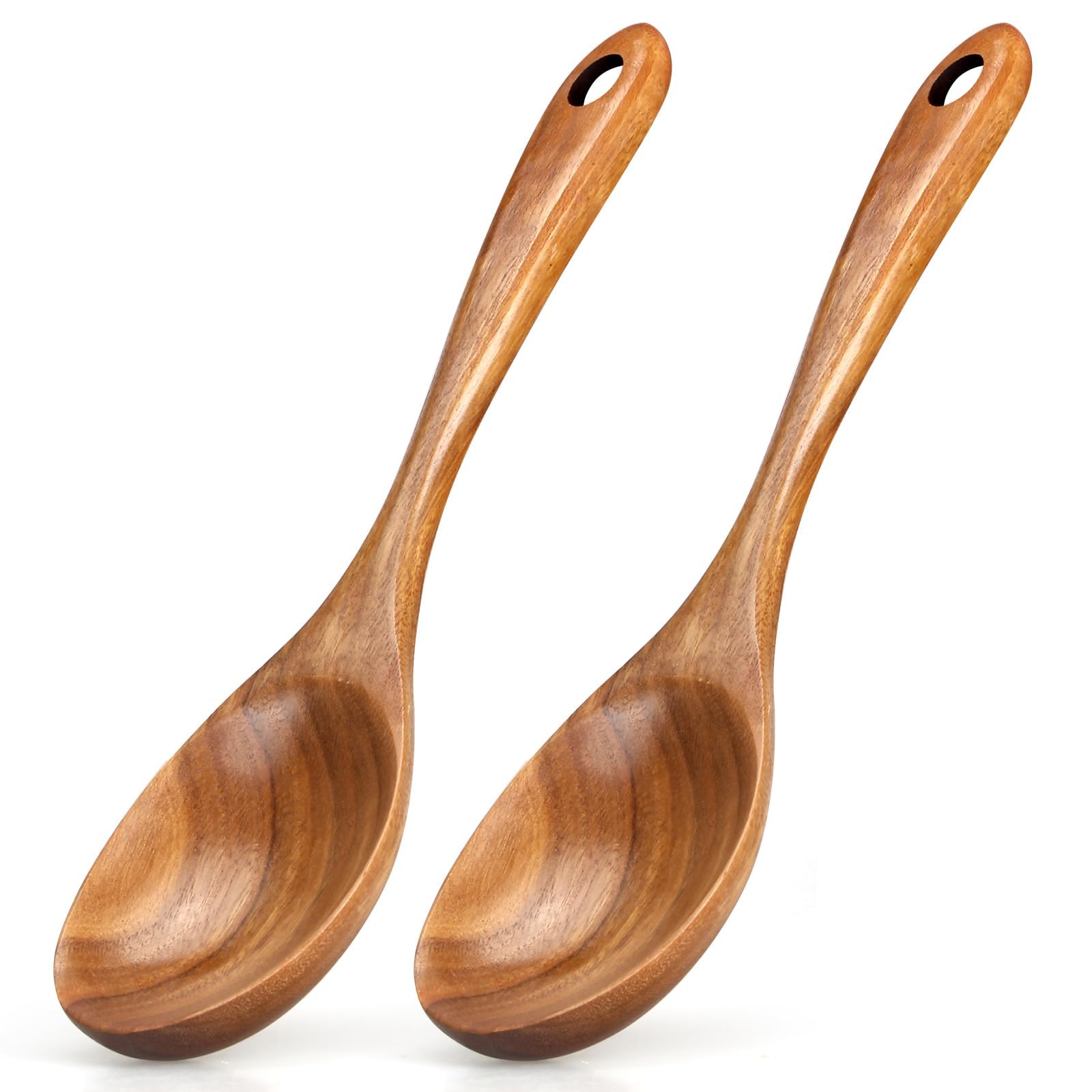Photo 1 of 2 Pcs Large Wooden Spoons for Cooking Serving Mixing Kitchen Spoon Big Acacia Wood Utensils Set Teak Spatula Cooking Spoon Set Bamboo Baking Spoons Non Toxic Kitchen Tools Cooking Accessories
