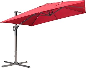 LKINBO 10x10ft Patio Offset Hanging Umbrella Square Deluxe Outdoor Cantilever Umbrella Large sun umbrellas 360 Degree Rotation with Lifting System and Cross Base for Garden, Backyard, Patio,Pool (Red)