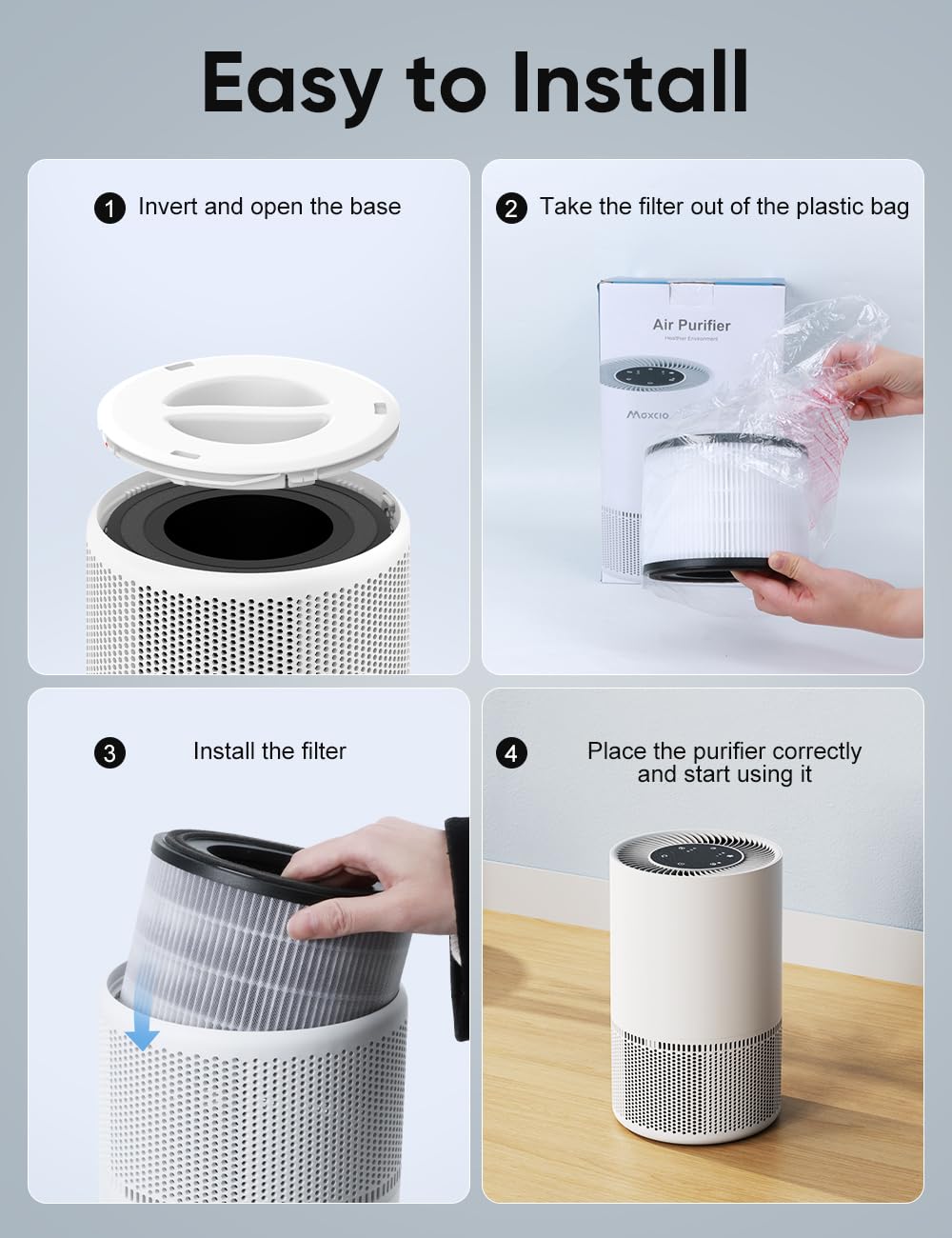 Maxcio Air Purifier for Home Bedroom, 3-in-1 Filter Air Cleaners with Fragrance Sponge for Allergies Pets Hair, Remove Dust Smoke Pollutants Odor, Sleep Mode, Night Light, Timer, 23dB Quiet, White