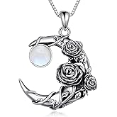 MILKYX Crescent Moon and Rose Necklace, 925 Sterling Silver Natural Moonstone Pendant, Mystical Floral Celestial Jewelry Gift for Women