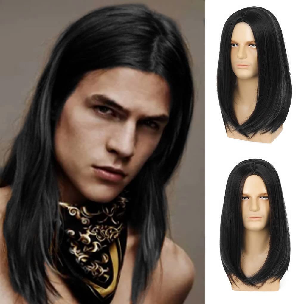 Beweig Mens Long Black Wig Long Straight Wig for Men Middle Part Synthetic Heat Resistant Hair Wigs for Daily Party Costume Halloween
