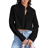 BONITEE Women Cropped Long Sleeve Button Down Shirts Spring Fall Casual Button Up Crop Blouses Sexy Lapel Tops with Pocket