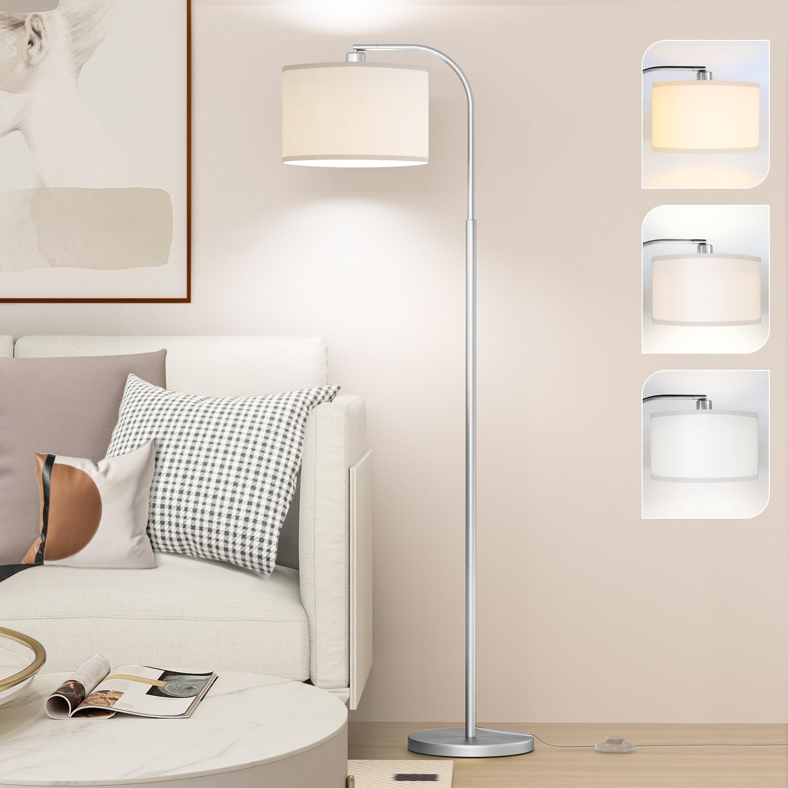 Photo 1 of CNXIN Arc Floor Lamps for Living Room with 3 Color Temperatures, Modern Floor Lamp Reading Light with 9W Bulb Included, Standing Lamp with Adjustable White Hanging Shade for Bedroom Office(Silver)