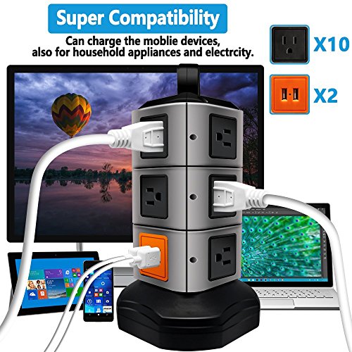 Surge Protector Power Strip, Lovin Product Safety Universal Electric Charging Station; with 10 Outlets 4 USB/Rotating Tower/ 6 feet Cord Wire Extension Power Strip Tower (10 Outlets 4 USB)