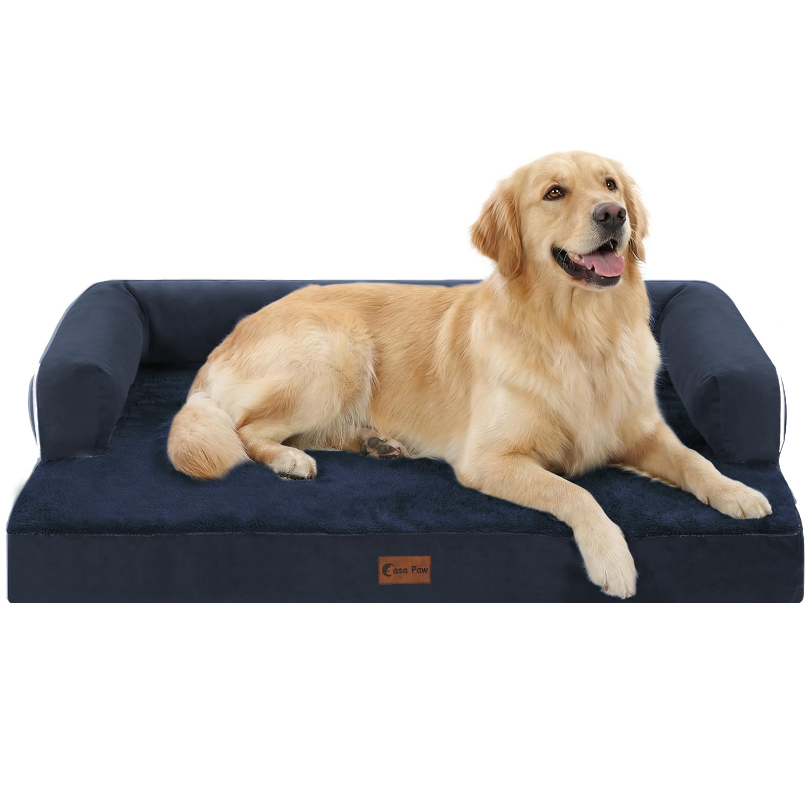 Casa Paw Orthopedic Dog Beds for Large Sized Dogs, Waterproof Egg Crate Foam Large Dog Couch Beds with Comfy Bolster 36x27Inch, Washable Pet Beds with Removable Cover and Nonskid Bottom, Navy Blue Image