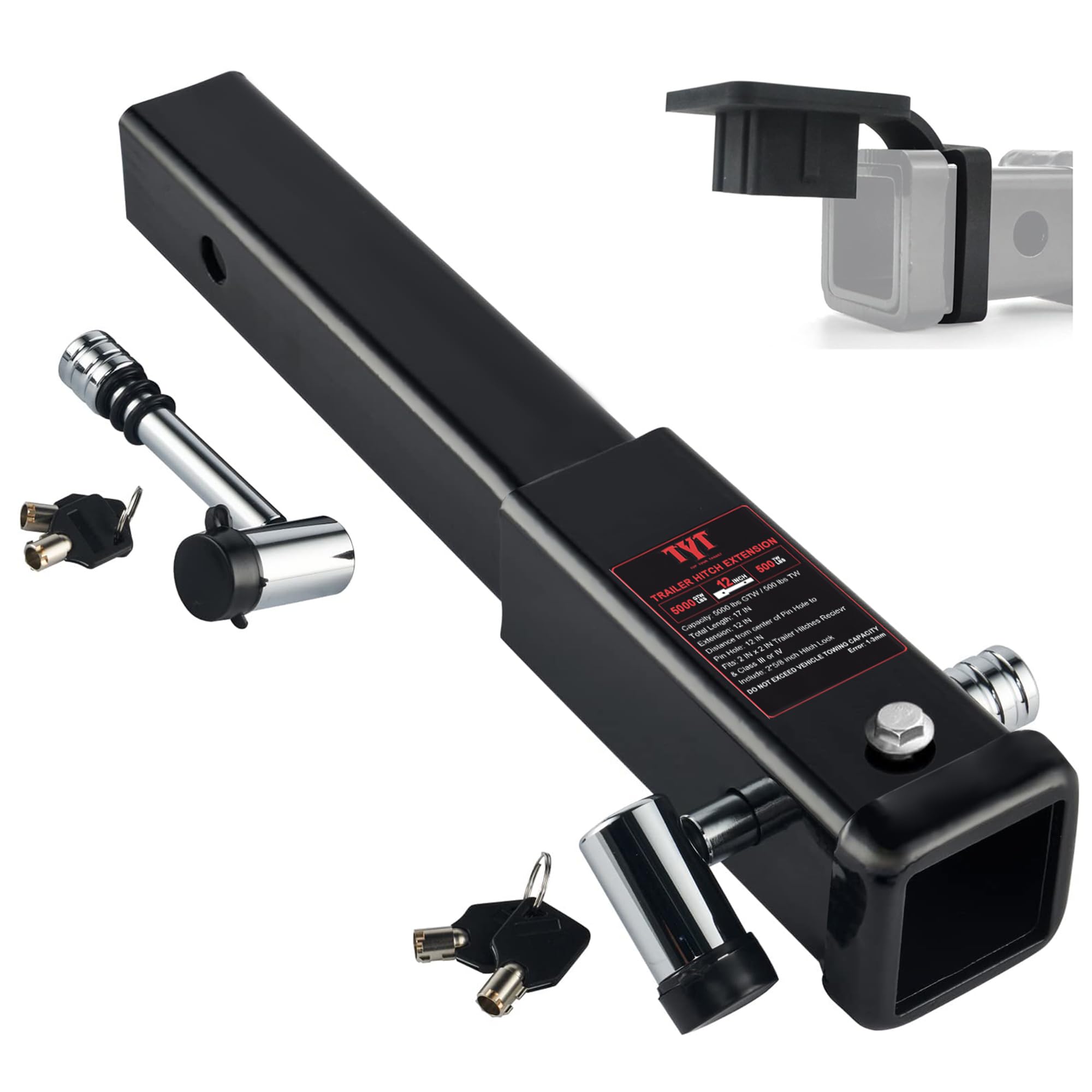 TYT 12" Trailer Hitch Extension for 2" Receiver Tube Extender, Tube Extension Receiver with 2 Sets of 5/8" Premium Hitch Pin Lock, 5000 lbs GTW / 500 lbs TW Image