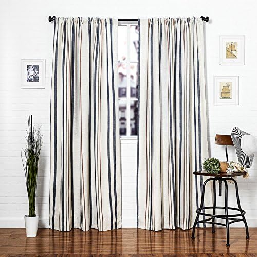 Homier Navy Blue Striped Linen Blend Window Curtain/drape/panel/treatment/covering - Rod Pocket Panel - Nautical Narrow Denim Stripes on Modern White/Cream Linen - 50 x 63 Inches Long, 2 Panels Pair
