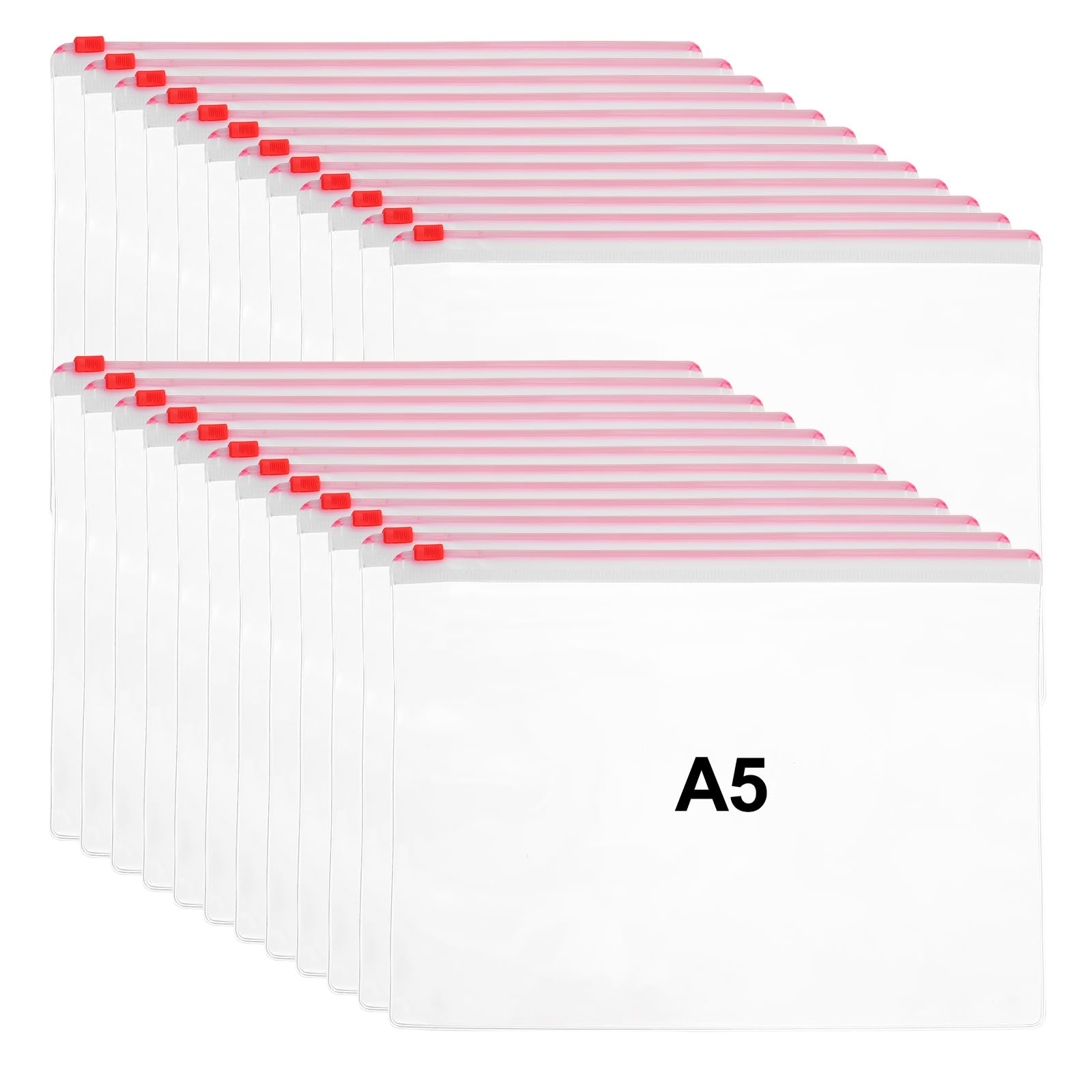 M&G 24 Pack Poly Zip Envelope, A5 Plastic Zipper Pouches with Label Pocket Clear File Folders Reusable Pencil Bags for Home Office Supplies, Red