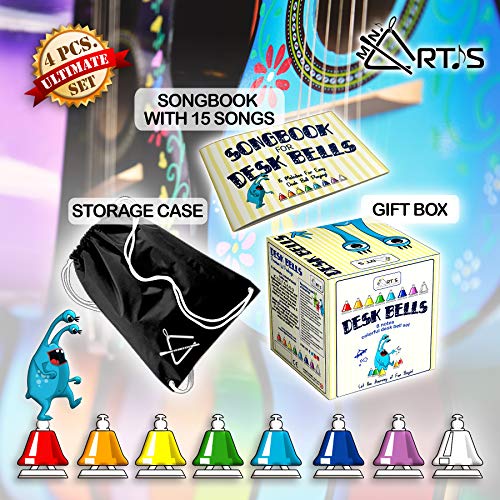 MINIARTIS Chroma Hand Desk Bells Set - Diatonic 8 Colorful Notes Hit on Top Feature Songbook, Carry Case Included Great Holiday, Birthday Gift for Kids