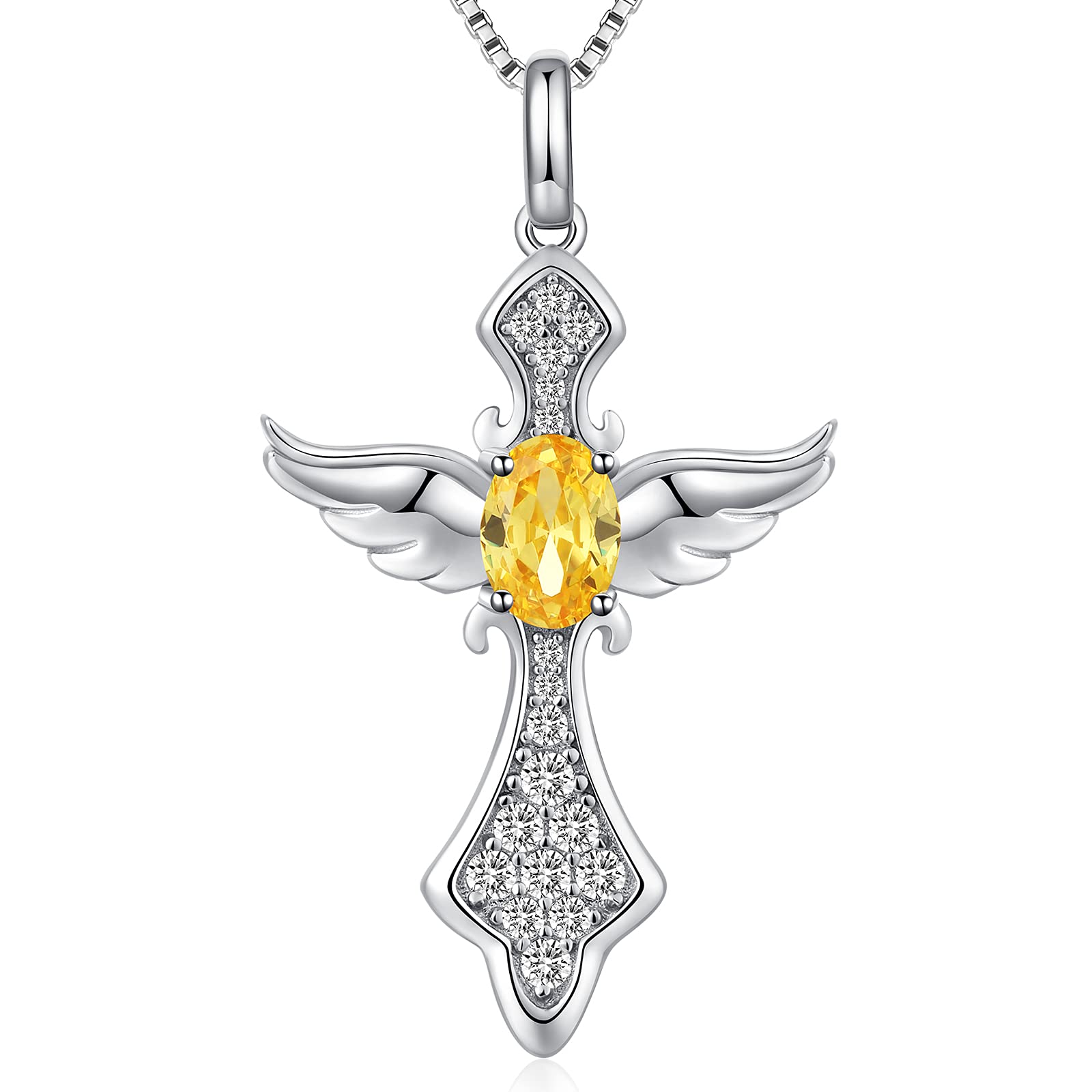 Jiahanzb Sterling Silver Angel Wing Birthstone Cross Pendant Necklace for Women Diamond Cross Necklaces Topaz CZ Pendants Jewelry Men November Birthday