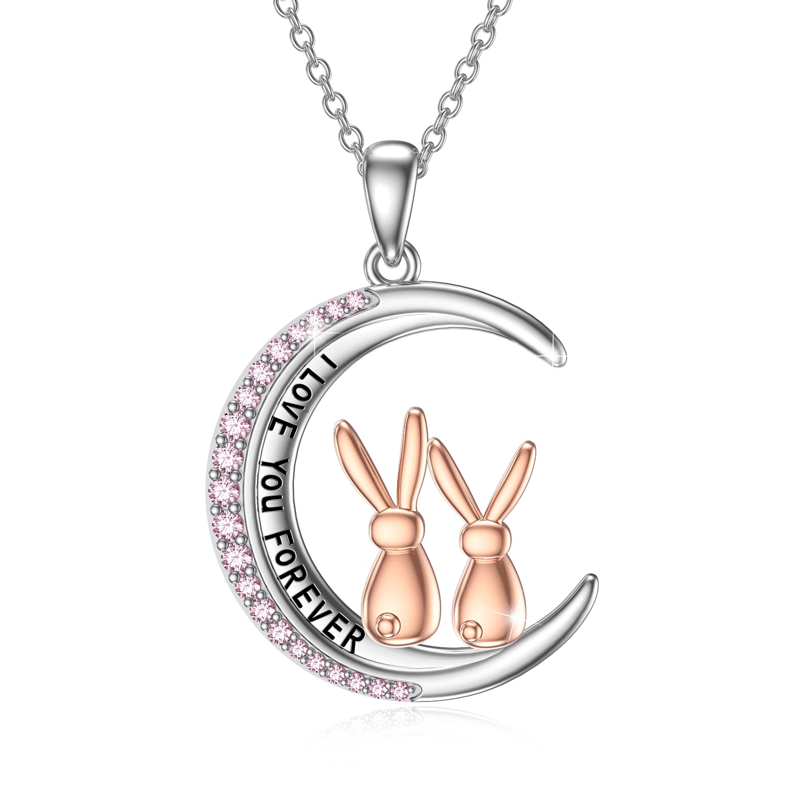 SOESON Bunny Rabbit Necklace 925 Sterling Silver Cubic Zirconia Bunny and Moon Necklace Easter Jewellery Christmas Birthday Gift for Girls Daughter Mom Sisters Wife