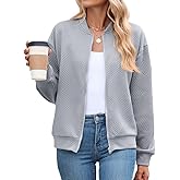 WROLEM Womens Casual Zip up Jackets Comfy Long Sleeve Textured Bomber Jacket Coat Loose Fit Fashion Outfits