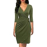Berydress Women's Classic 3/4 Sleeve V Neck Sheath Casual Party Work Faux Black Wrap Dress